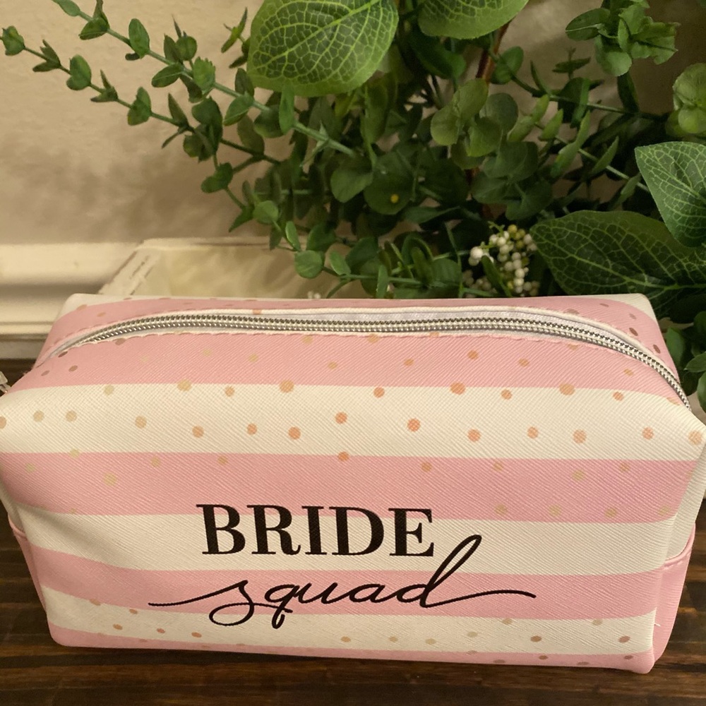 Bride Squad Wedding White Pink Striped Gold Dots Toiletry Make-up Cosmetic Bag